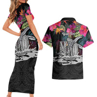 Personalised Hawaii Couples Matching Short Sleeve Bodycon Dress and Hawaiian Shirt Humpback Whale Tattoo With Tropical Flowers Black LT14 - Polynesian Pride