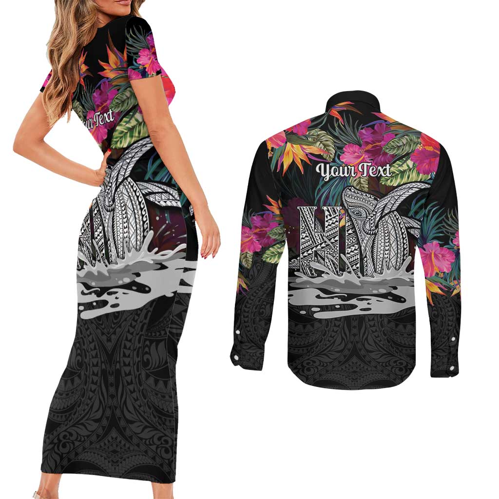 Personalised Hawaii Couples Matching Short Sleeve Bodycon Dress and Long Sleeve Button Shirt Humpback Whale Tattoo With Tropical Flowers Black LT14 - Polynesian Pride