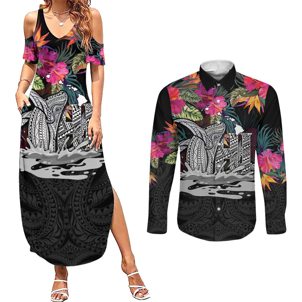 Personalised Hawaii Couples Matching Summer Maxi Dress and Long Sleeve Button Shirt Humpback Whale Tattoo With Tropical Flowers Black