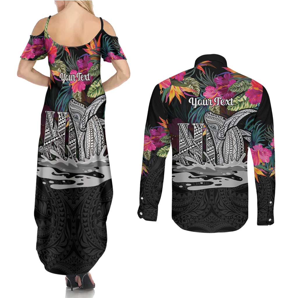 Personalised Hawaii Couples Matching Summer Maxi Dress and Long Sleeve Button Shirt Humpback Whale Tattoo With Tropical Flowers Black LT14 - Polynesian Pride