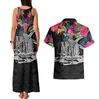Personalised Hawaii Couples Matching Tank Maxi Dress and Hawaiian Shirt Humpback Whale Tattoo With Tropical Flowers Black LT14 - Polynesian Pride