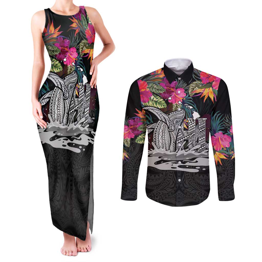 Personalised Hawaii Couples Matching Tank Maxi Dress and Long Sleeve Button Shirt Humpback Whale Tattoo With Tropical Flowers Black LT14 Black - Polynesian Pride