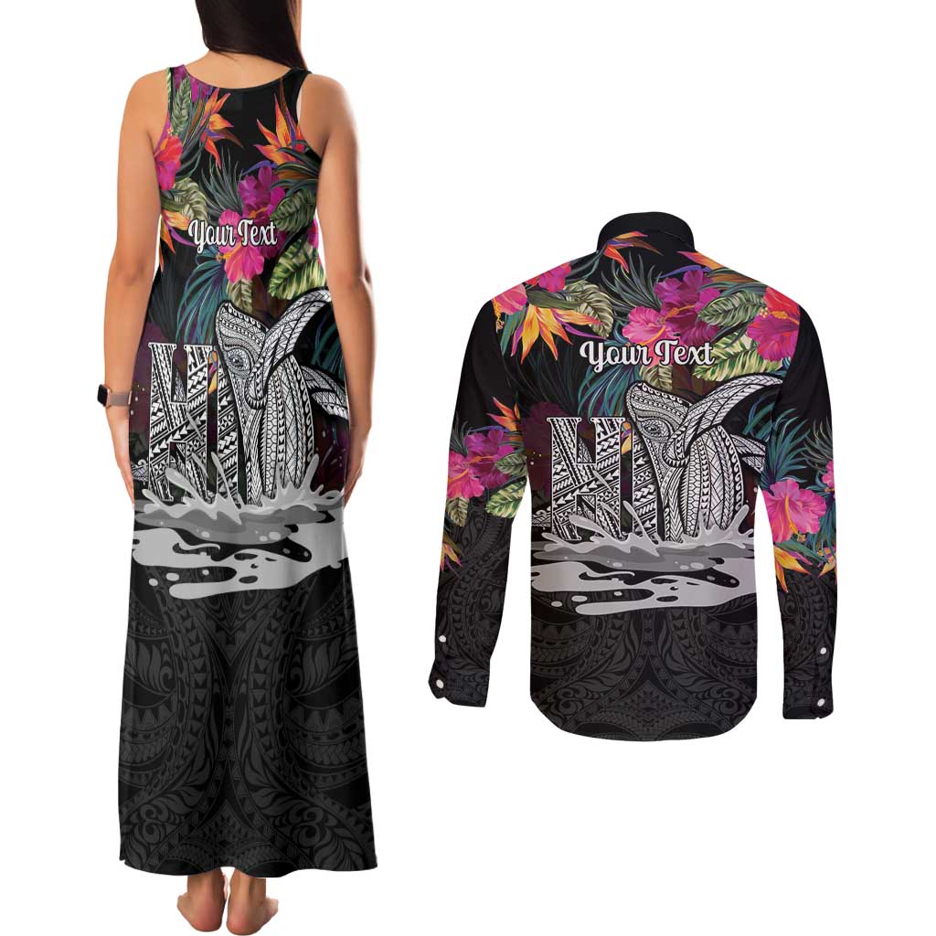 Personalised Hawaii Couples Matching Tank Maxi Dress and Long Sleeve Button Shirt Humpback Whale Tattoo With Tropical Flowers Black LT14 - Polynesian Pride