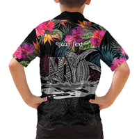Personalised Hawaii Family Matching Long Sleeve Bodycon Dress and Hawaiian Shirt Humpback Whale Tattoo With Tropical Flowers Black LT14 - Polynesian Pride