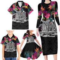 Personalised Hawaii Family Matching Long Sleeve Bodycon Dress and Hawaiian Shirt Humpback Whale Tattoo With Tropical Flowers Black LT14 - Polynesian Pride