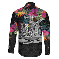 Personalised Hawaii Family Matching Long Sleeve Bodycon Dress and Hawaiian Shirt Humpback Whale Tattoo With Tropical Flowers Black LT14 - Polynesian Pride