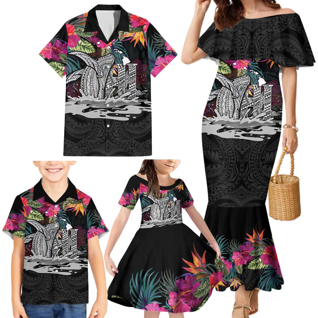 Personalised Hawaii Family Matching Mermaid Dress and Hawaiian Shirt Humpback Whale Tattoo With Tropical Flowers Black LT14 - Polynesian Pride