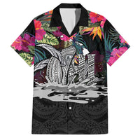 Personalised Hawaii Family Matching Mermaid Dress and Hawaiian Shirt Humpback Whale Tattoo With Tropical Flowers Black LT14 Dad's Shirt - Short Sleeve Black - Polynesian Pride