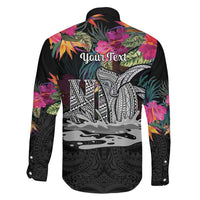 Personalised Hawaii Family Matching Mermaid Dress and Hawaiian Shirt Humpback Whale Tattoo With Tropical Flowers Black LT14 - Polynesian Pride