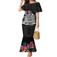 Personalised Hawaii Family Matching Mermaid Dress and Hawaiian Shirt Humpback Whale Tattoo With Tropical Flowers Black LT14 Mom's Dress Black - Polynesian Pride