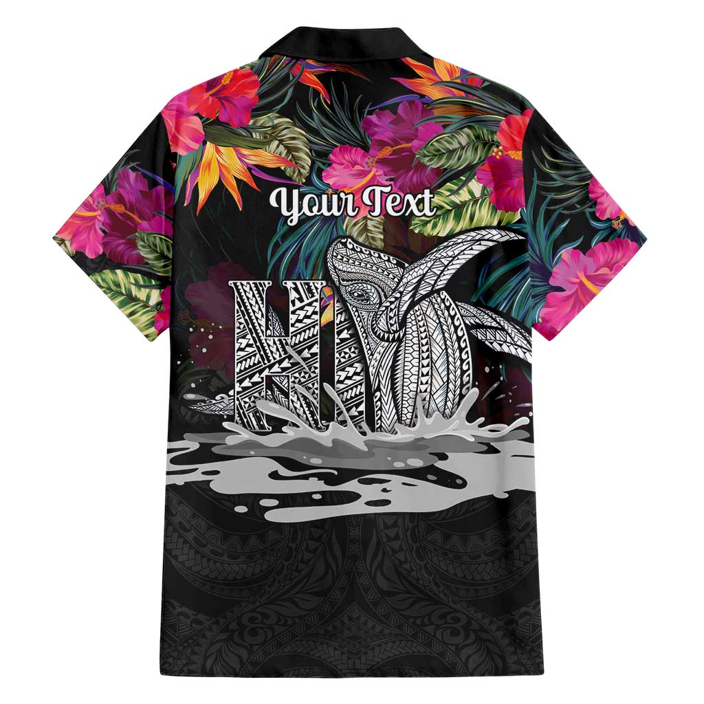 Personalised Hawaii Family Matching Off The Shoulder Long Sleeve Dress and Hawaiian Shirt Humpback Whale Tattoo With Tropical Flowers Black LT14 - Polynesian Pride