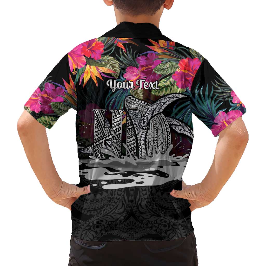 Personalised Hawaii Family Matching Off Shoulder Maxi Dress and Hawaiian Shirt Humpback Whale Tattoo With Tropical Flowers Black LT14 - Polynesian Pride
