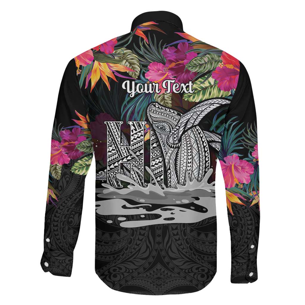 Personalised Hawaii Family Matching Off Shoulder Maxi Dress and Hawaiian Shirt Humpback Whale Tattoo With Tropical Flowers Black LT14 - Polynesian Pride