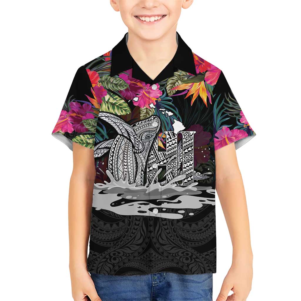 Personalised Hawaii Family Matching Off Shoulder Maxi Dress and Hawaiian Shirt Humpback Whale Tattoo With Tropical Flowers Black LT14 Son's Shirt Black - Polynesian Pride