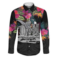 Personalised Hawaii Family Matching Off Shoulder Short Dress and Hawaiian Shirt Humpback Whale Tattoo With Tropical Flowers Black LT14 Dad's Shirt - Long Sleeve Black - Polynesian Pride