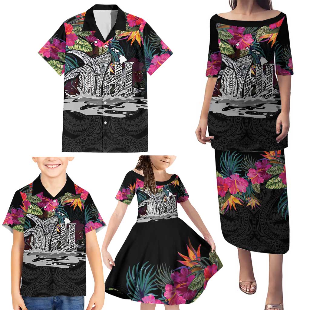 Personalised Hawaii Family Matching Puletasi and Hawaiian Shirt Humpback Whale Tattoo With Tropical Flowers Black LT14 - Polynesian Pride