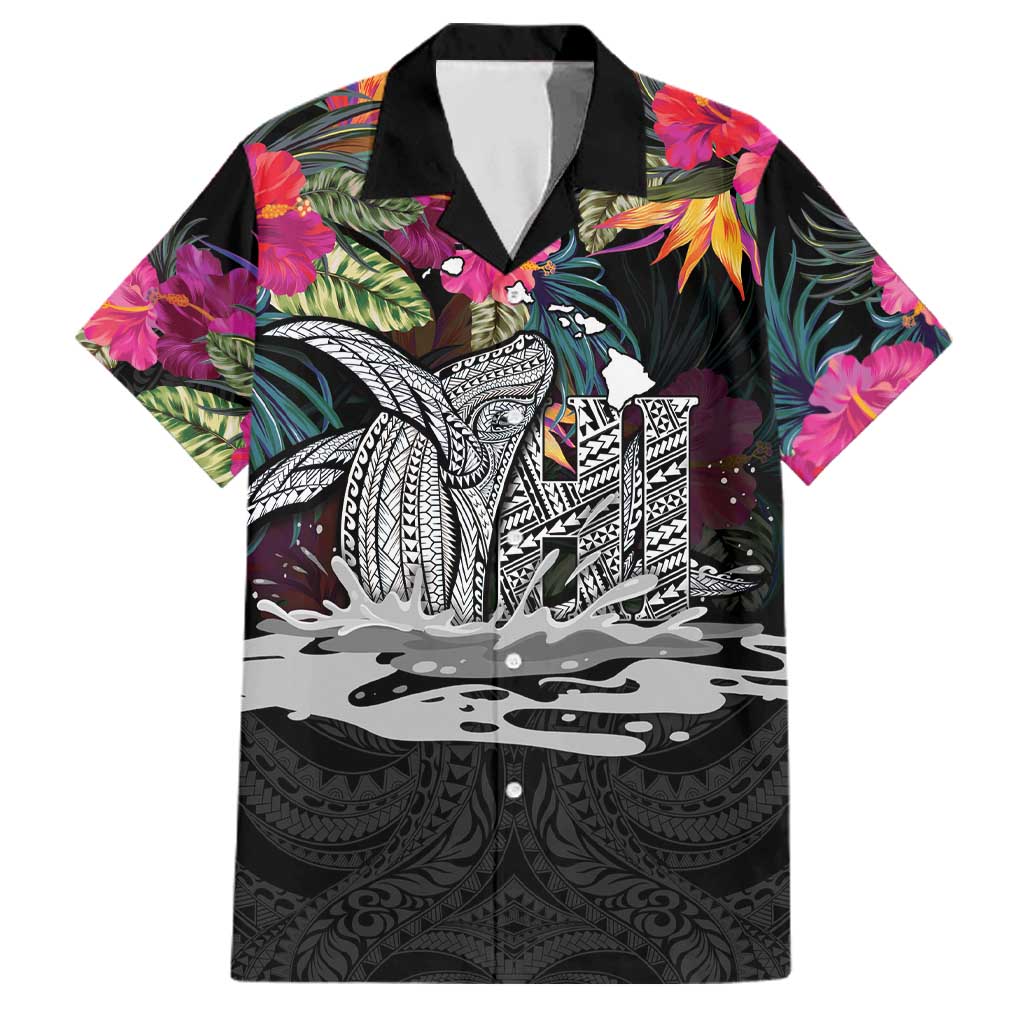 Personalised Hawaii Family Matching Puletasi and Hawaiian Shirt Humpback Whale Tattoo With Tropical Flowers Black LT14 Dad's Shirt - Short Sleeve Black - Polynesian Pride
