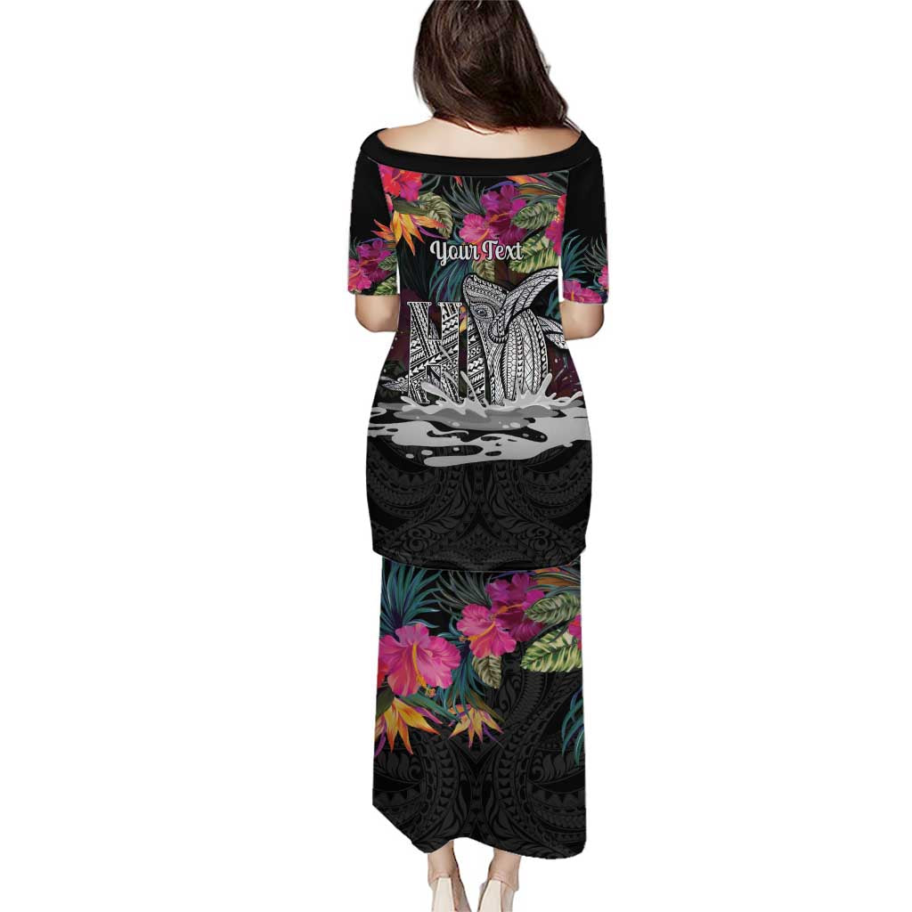 Personalised Hawaii Family Matching Puletasi and Hawaiian Shirt Humpback Whale Tattoo With Tropical Flowers Black LT14 - Polynesian Pride