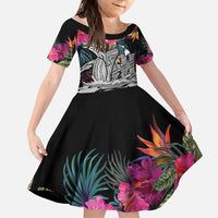 Personalised Hawaii Family Matching Summer Maxi Dress and Hawaiian Shirt Humpback Whale Tattoo With Tropical Flowers Black LT14 Daughter's Dress Black - Polynesian Pride