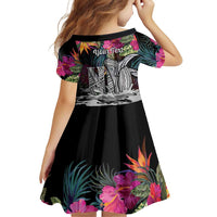 Personalised Hawaii Family Matching Tank Maxi Dress and Hawaiian Shirt Humpback Whale Tattoo With Tropical Flowers Black LT14 - Polynesian Pride