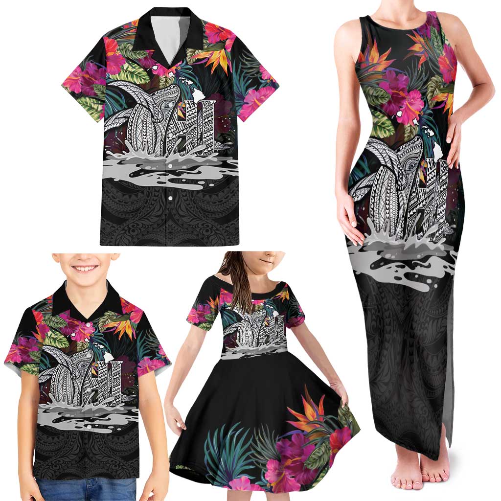 Personalised Hawaii Family Matching Tank Maxi Dress and Hawaiian Shirt Humpback Whale Tattoo With Tropical Flowers Black