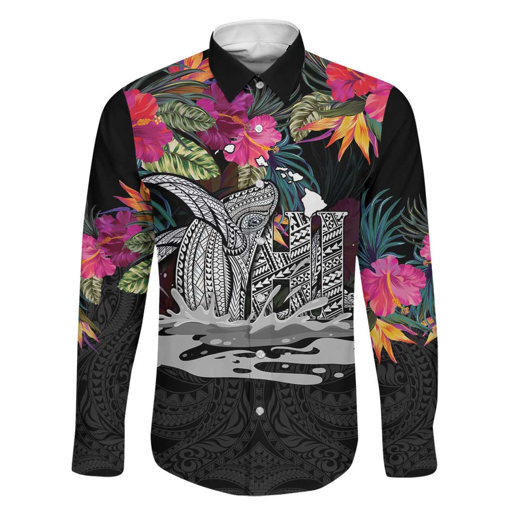 Personalised Hawaii Family Matching Tank Maxi Dress and Hawaiian Shirt Humpback Whale Tattoo With Tropical Flowers Black LT14 Dad's Shirt - Long Sleeve Black - Polynesian Pride