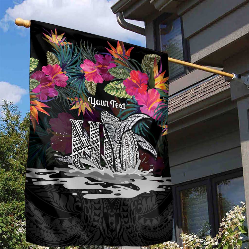 Personalised Hawaii Garden Flag Humpback Whale Tattoo With Tropical Flowers Black