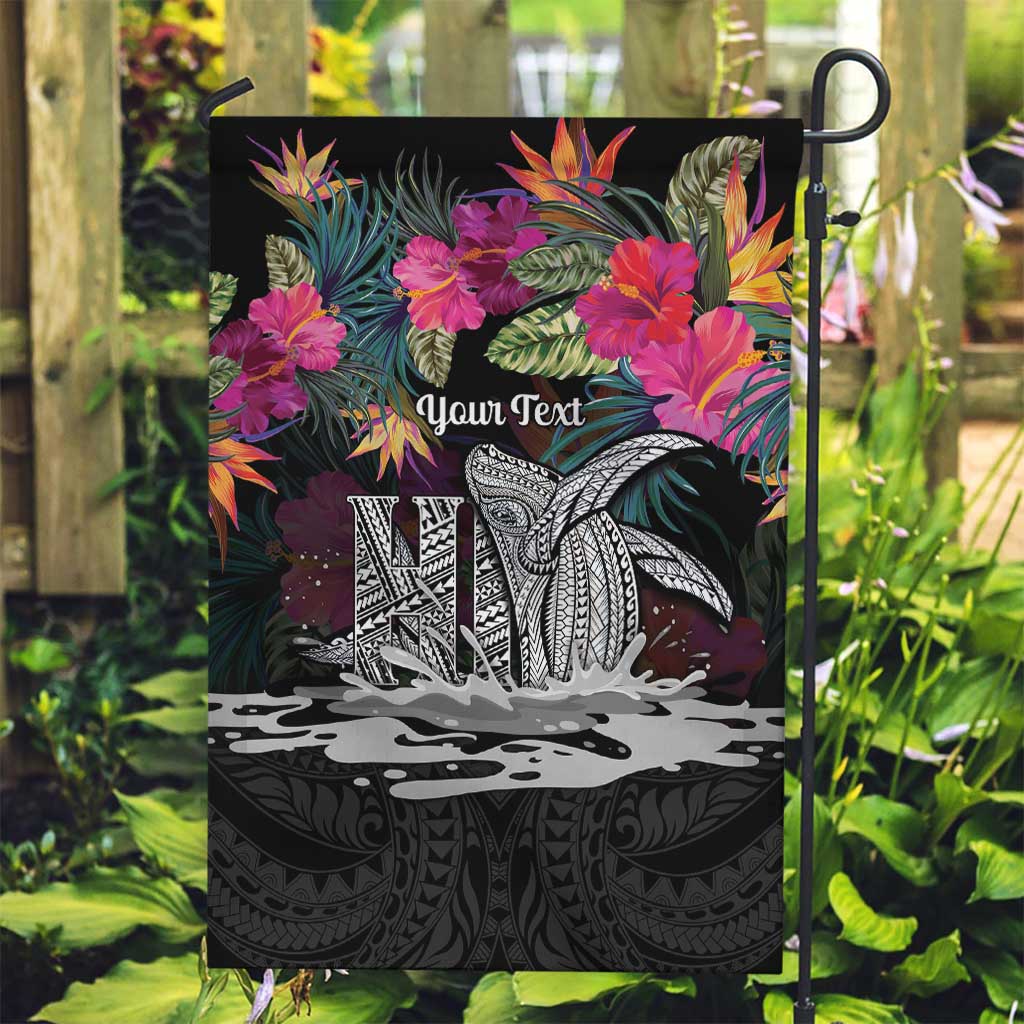 Personalised Hawaii Garden Flag Humpback Whale Tattoo With Tropical Flowers Black