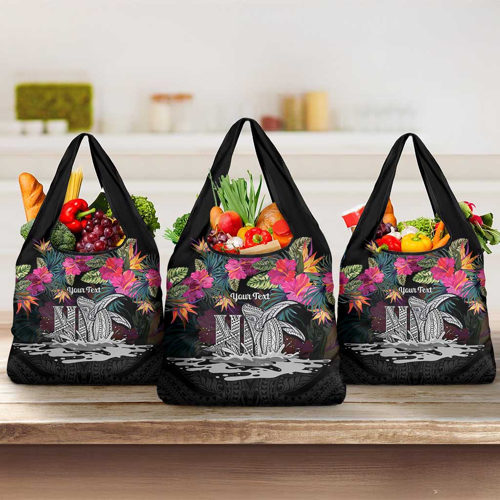 Personalised Hawaii Grocery Bag Humpback Whale Tattoo With Tropical Flowers Black