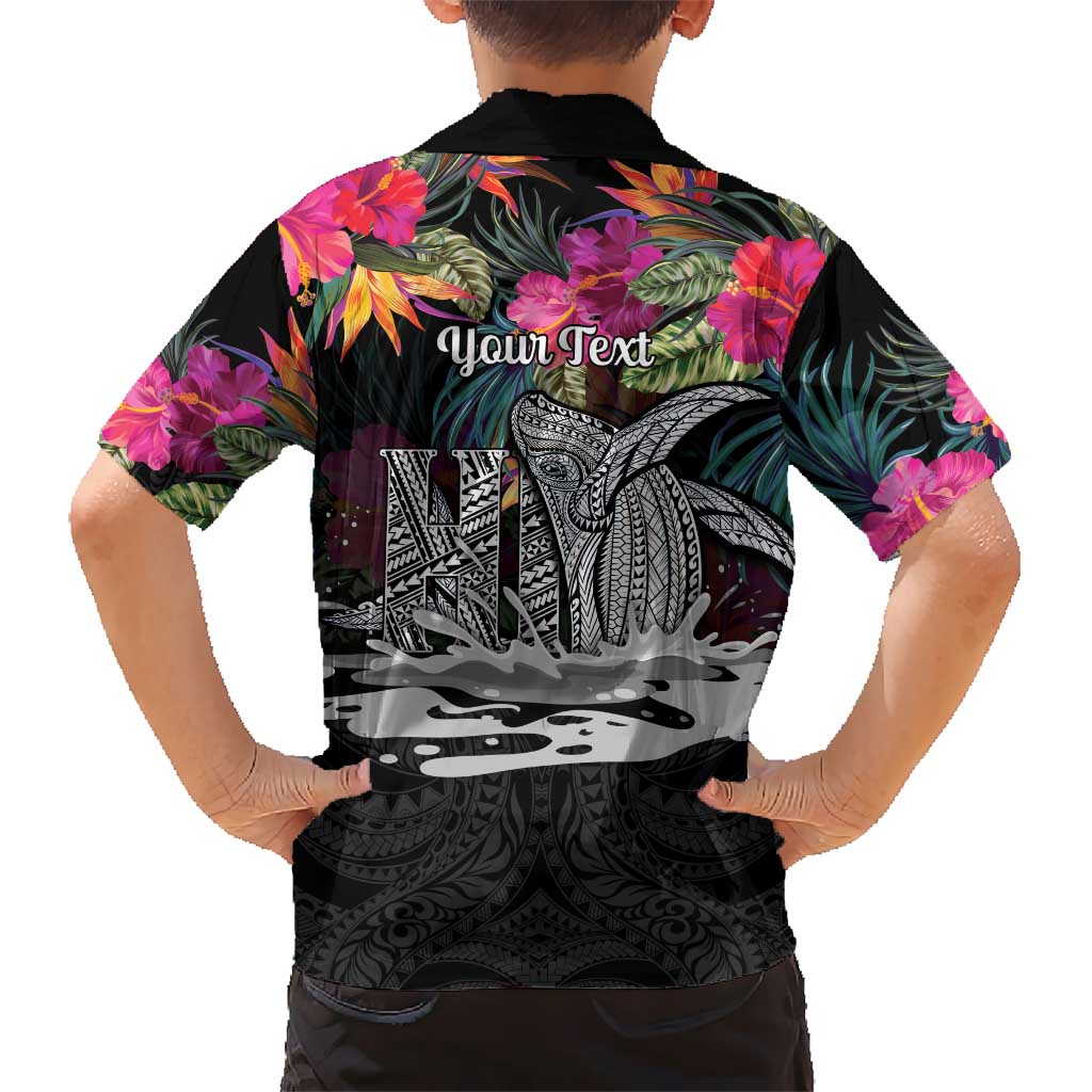 Personalised Hawaii Hawaiian Shirt Humpback Whale Tattoo With Tropical Flowers Black