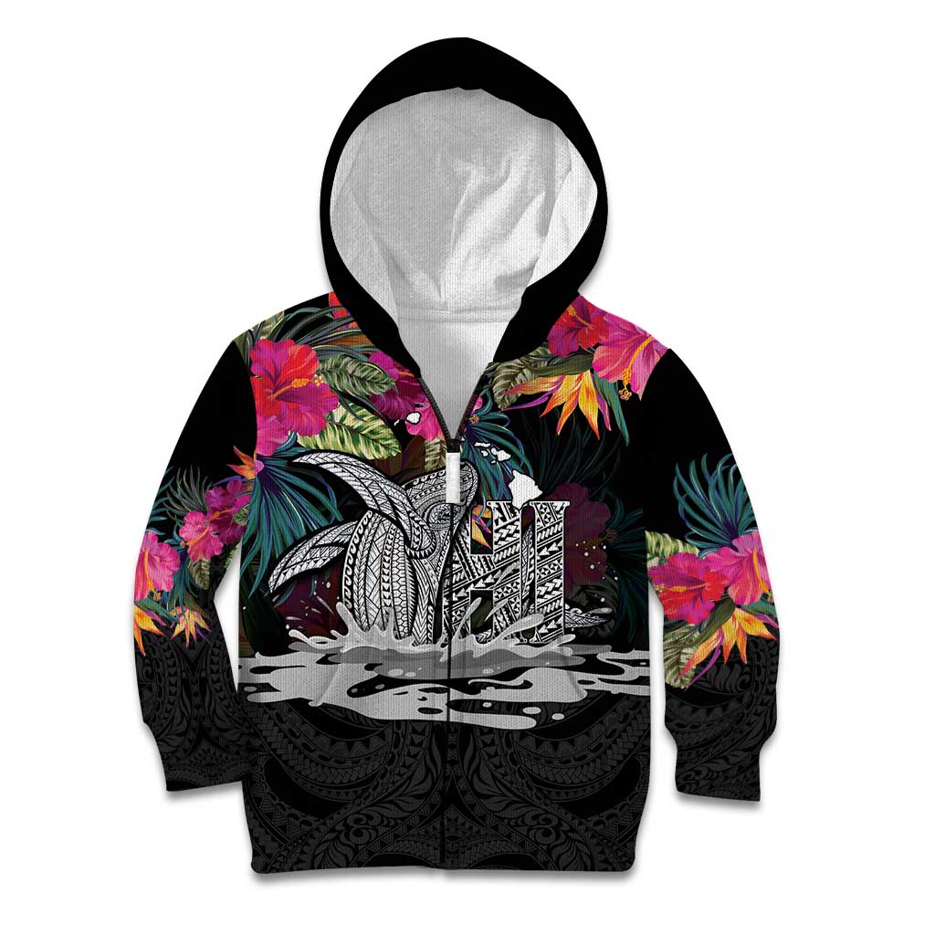 Personalised Hawaii Kid Hoodie Humpback Whale Tattoo With Tropical Flowers Black
