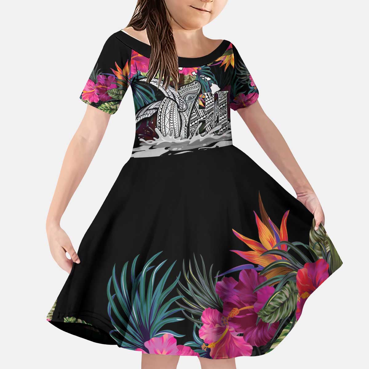 Personalised Hawaii Kid Short Sleeve Dress Humpback Whale Tattoo With Tropical Flowers Black