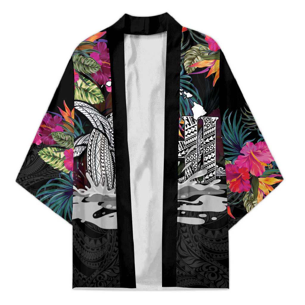 Personalised Hawaii Kimono Humpback Whale Tattoo With Tropical Flowers Black