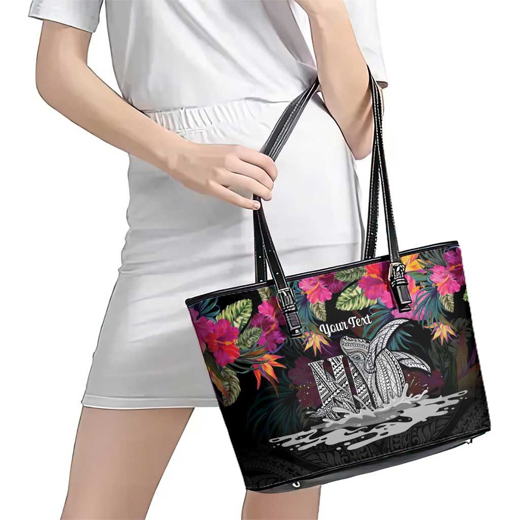 Personalised Hawaii Leather Tote Bag Humpback Whale Tattoo With Tropical Flowers Black