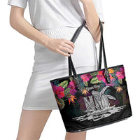 Personalised Hawaii Leather Tote Bag Humpback Whale Tattoo With Tropical Flowers Black