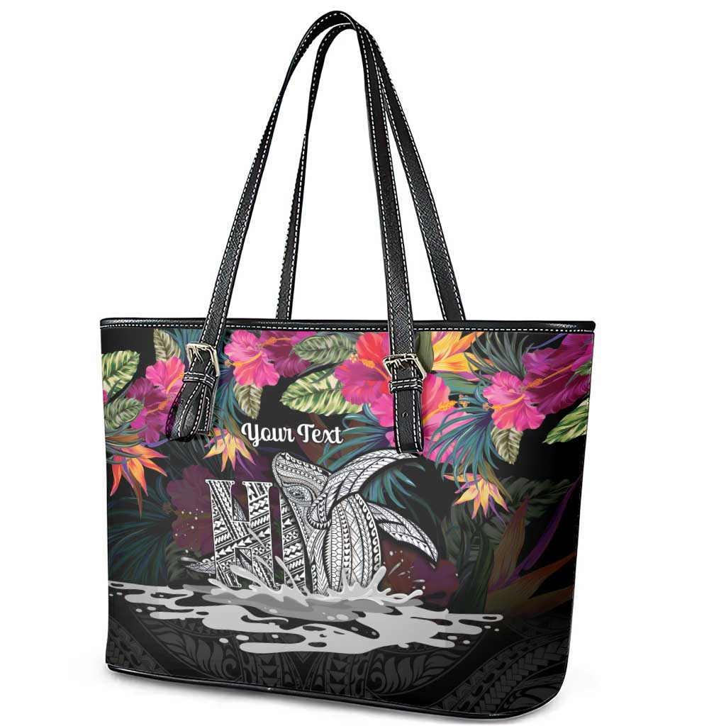 Personalised Hawaii Leather Tote Bag Humpback Whale Tattoo With Tropical Flowers Black