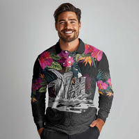 Personalised Hawaii Long Sleeve Polo Shirt Humpback Whale Tattoo With Tropical Flowers Black