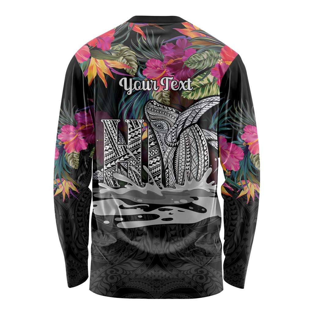 Personalised Hawaii Long Sleeve Shirt Humpback Whale Tattoo With Tropical Flowers Black