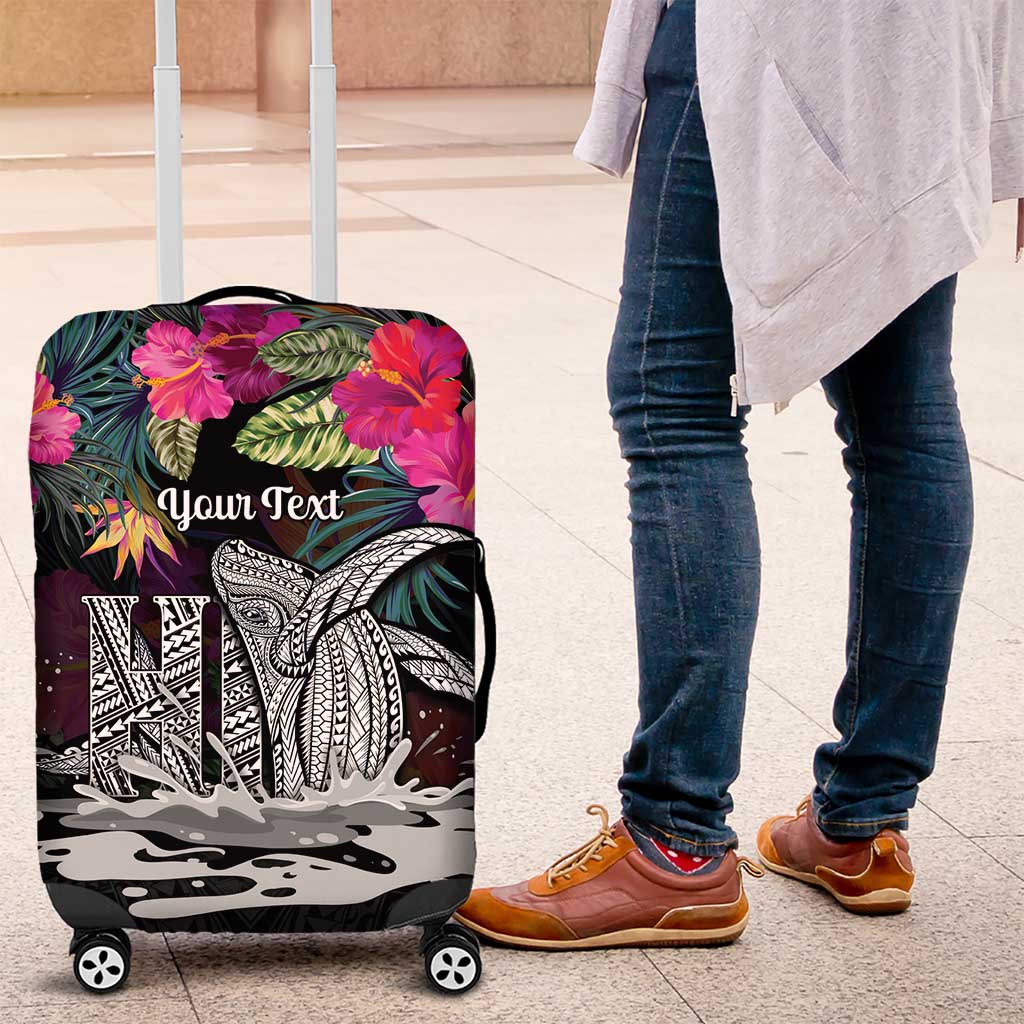Personalised Hawaii Luggage Cover Humpback Whale Tattoo With Tropical Flowers Black