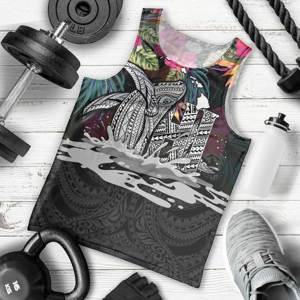 Personalised Hawaii Men Tank Top Humpback Whale Tattoo With Tropical Flowers Black