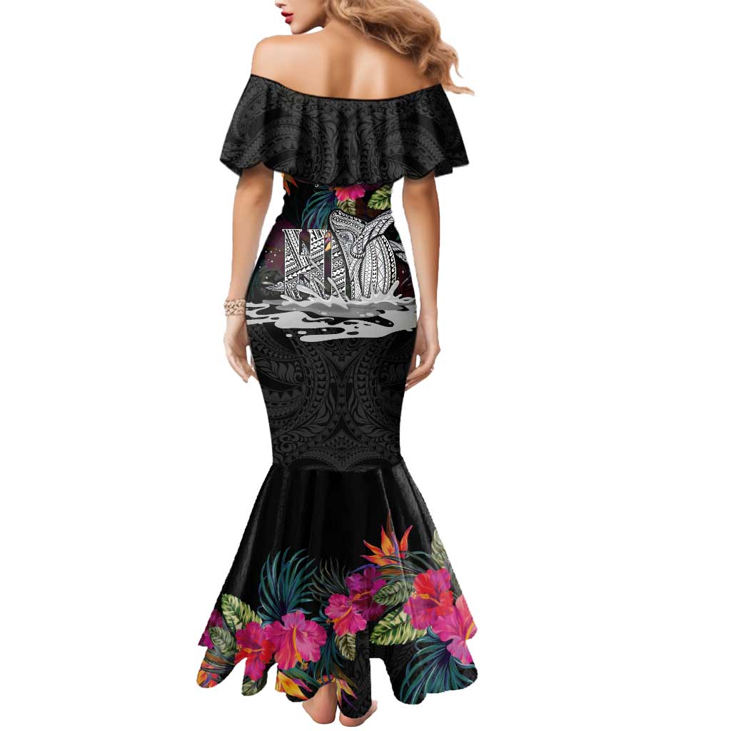 Personalised Hawaii Mermaid Dress Humpback Whale Tattoo With Tropical Flowers Black