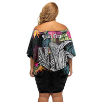 Personalised Hawaii Off Shoulder Short Dress Humpback Whale Tattoo With Tropical Flowers Black