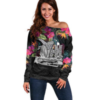 Personalised Hawaii Off Shoulder Sweater Humpback Whale Tattoo With Tropical Flowers Black