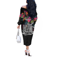 Personalised Hawaii Off The Shoulder Long Sleeve Dress Humpback Whale Tattoo With Tropical Flowers Black