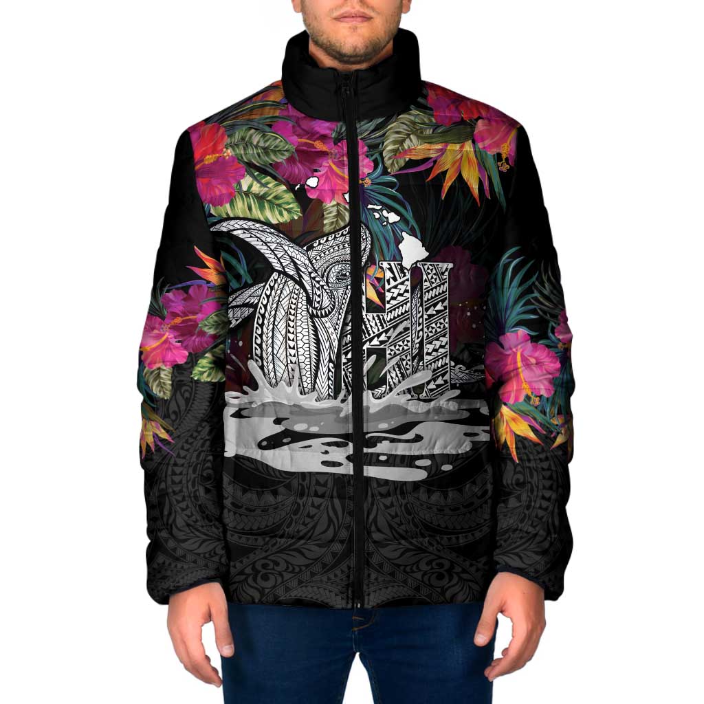 Personalised Hawaii Padded Jacket Humpback Whale Tattoo With Tropical Flowers Black