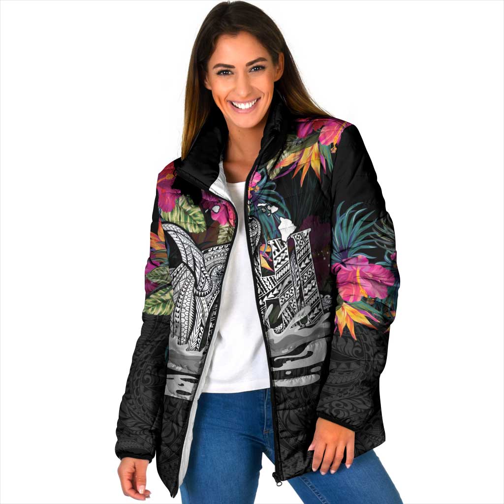 Personalised Hawaii Padded Jacket Humpback Whale Tattoo With Tropical Flowers Black