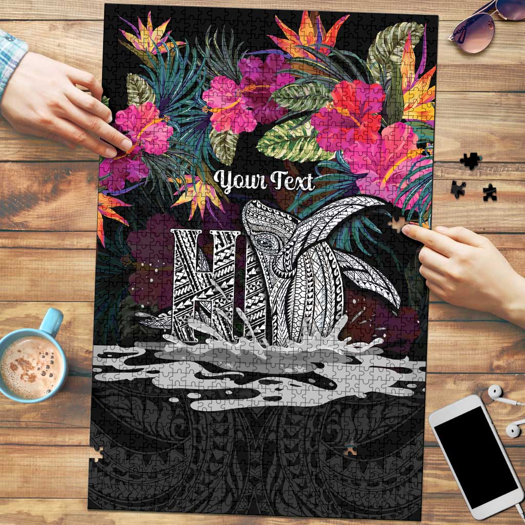 Personalised Hawaii Puzzle Humpback Whale Tattoo With Tropical Flowers Black