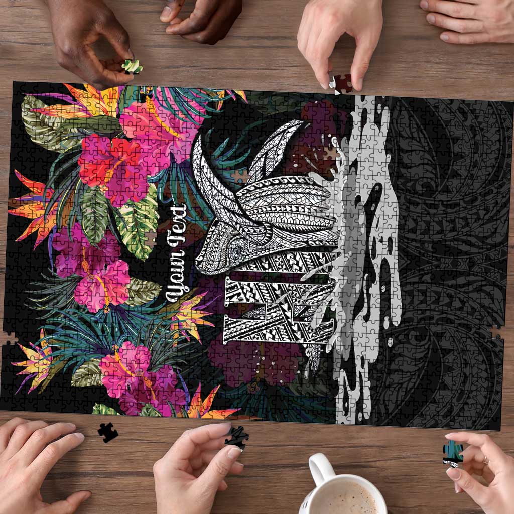 Personalised Hawaii Puzzle Humpback Whale Tattoo With Tropical Flowers Black
