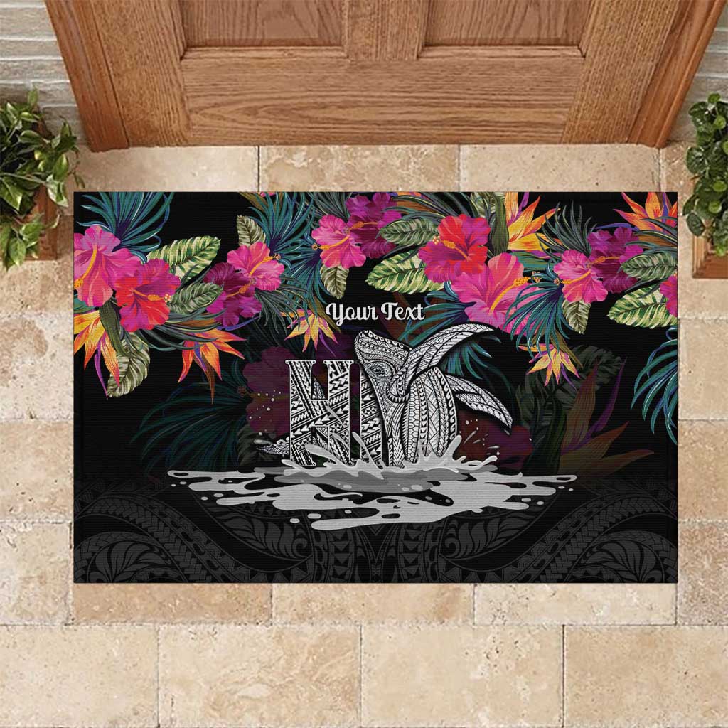 Personalised Hawaii Rubber Doormat Humpback Whale Tattoo With Tropical Flowers Black