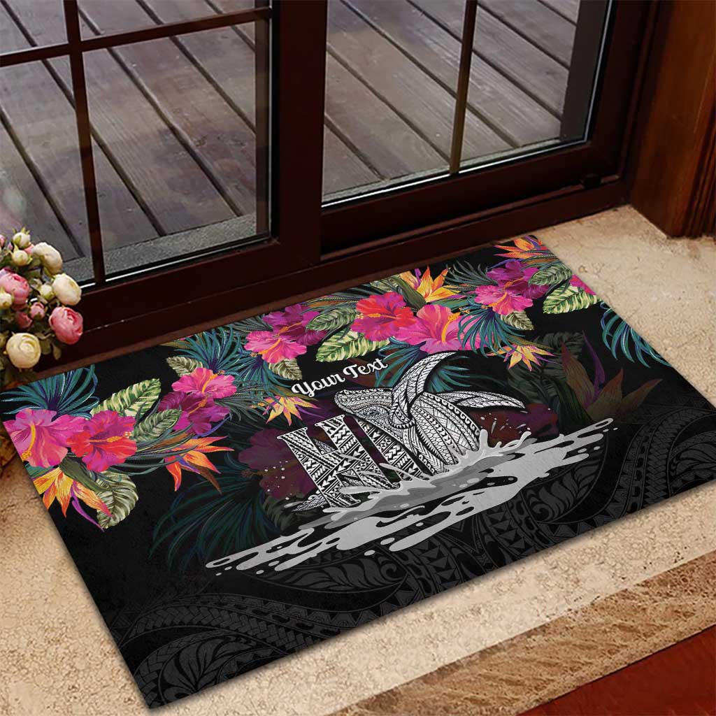 Personalised Hawaii Rubber Doormat Humpback Whale Tattoo With Tropical Flowers Black